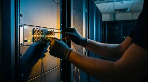 Technicus sluit oranje glasvezelkabel aan op patchpanel in serverrek, met amber en groene statuslampjes in donker datacenter.