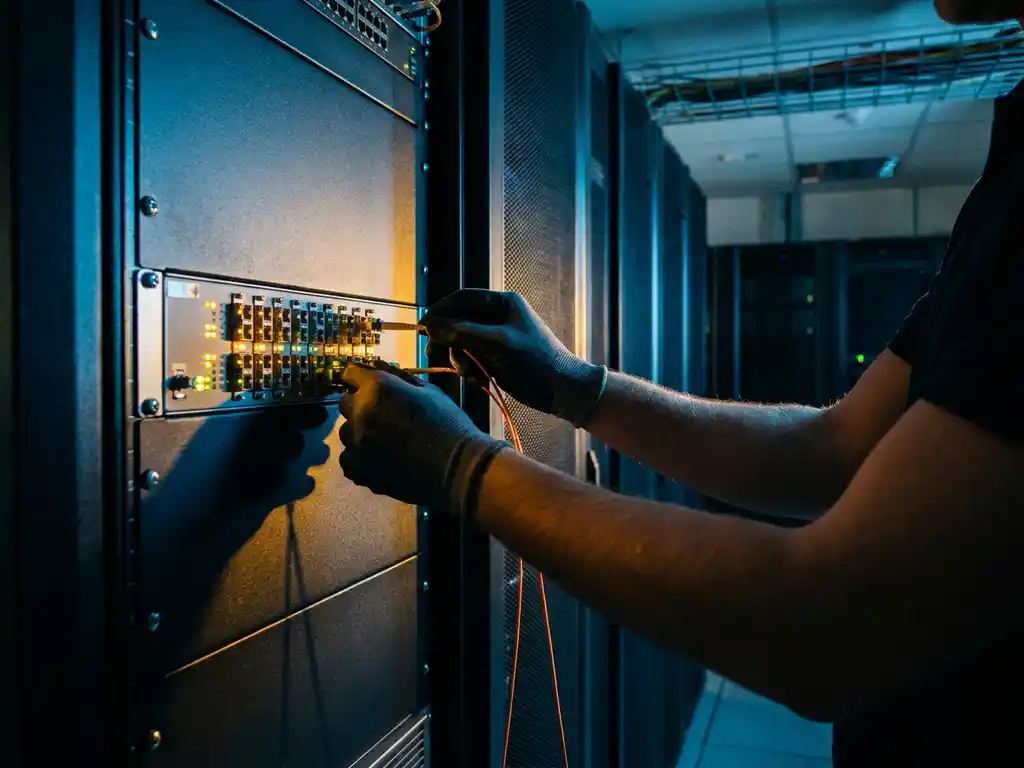 Technicus sluit oranje glasvezelkabel aan op patchpanel in serverrek, met amber en groene statuslampjes in donker datacenter.