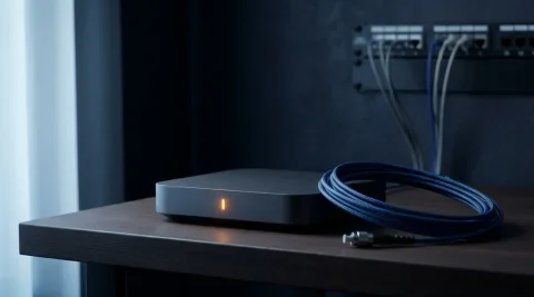 Glasvezelrouter op bureau met knipperend amber waarschuwingslampje en gecoild glasvezelkabel in blauw licht.