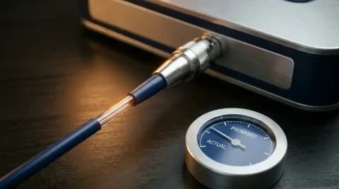 Glasvezelkabel aangesloten op enterprise-router met zichtbare dwarsdoorsnede van de glazen kern, snelheidsmeter toont prestatiekloof.