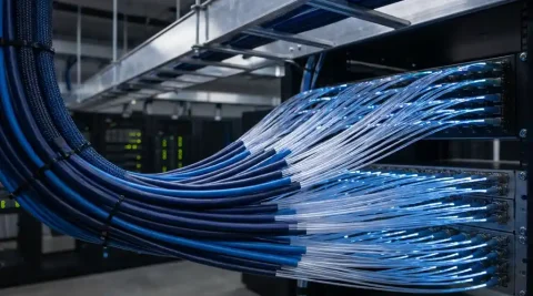 Bundel glasvezelkabels die zich vertakt in geordende stromen in een serverruimte, met blauw en wit licht door de transparante vezels.