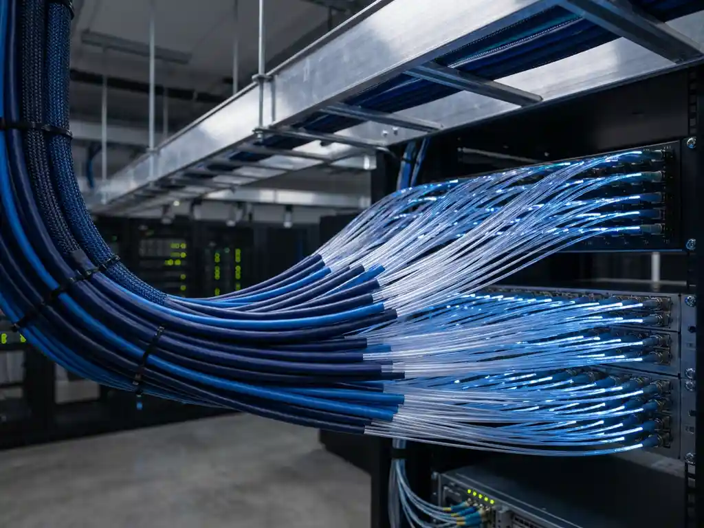 Bundel glasvezelkabels die zich vertakt in geordende stromen in een serverruimte, met blauw en wit licht door de transparante vezels.