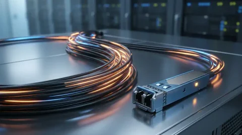 Bundel glasvezelkabels met amber en blauw licht naast een SFP-transceiver op een donker serverrek in een datacenter.