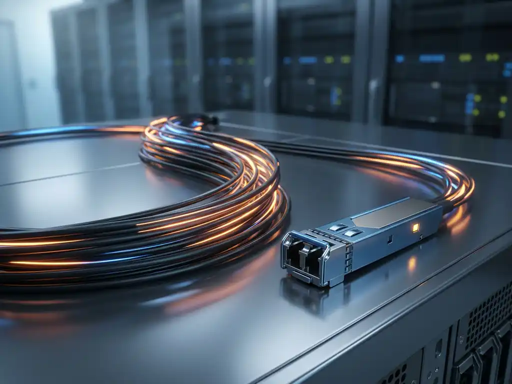 Bundel glasvezelkabels met amber en blauw licht naast een SFP-transceiver op een donker serverrek in een datacenter.