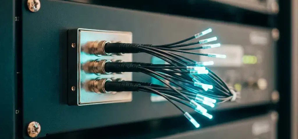 Bundel glasvezelkabels uitwaaierend vanuit een optische splitter op een serverrack, met gloeiende cyaanblauwe lichtpunten aan de vezeluiteinden.
