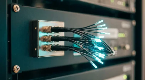 Bundel glasvezelkabels uitwaaierend vanuit een optische splitter op een serverrack, met gloeiende cyaanblauwe lichtpunten aan de vezeluiteinden.