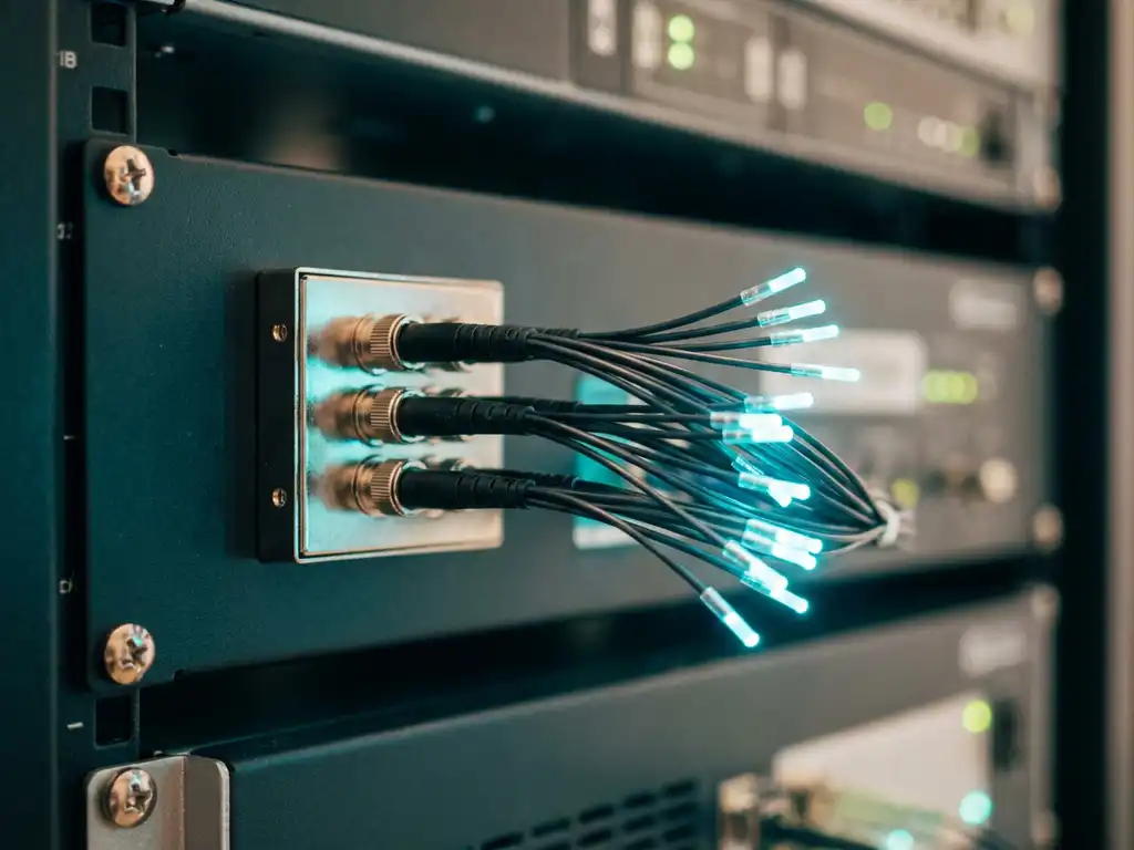 Bundel glasvezelkabels uitwaaierend vanuit een optische splitter op een serverrack, met gloeiende cyaanblauwe lichtpunten aan de vezeluiteinden.