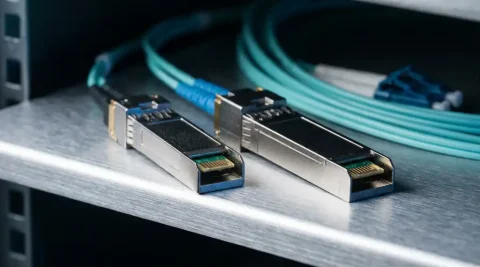 Twee SFP fiber optic transceivers naast elkaar op een aluminium serverrek, met gouden connectorpinnen en blauwe fiberoptische kabels.
