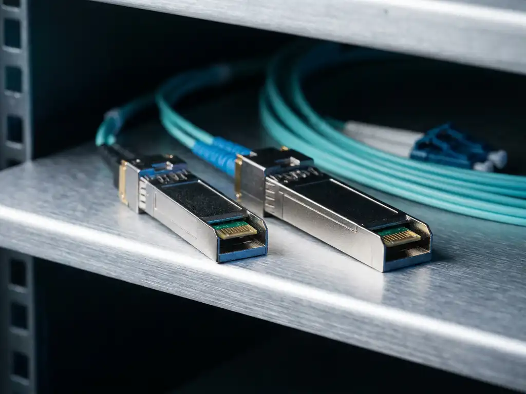 Twee SFP fiber optic transceivers naast elkaar op een aluminium serverrek, met gouden connectorpinnen en blauwe fiberoptische kabels.