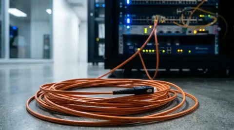 Loshangende glasvezelkabel op de vloer van een serverruimte, met een onscherp knipperend netwerkkast op de achtergrond.