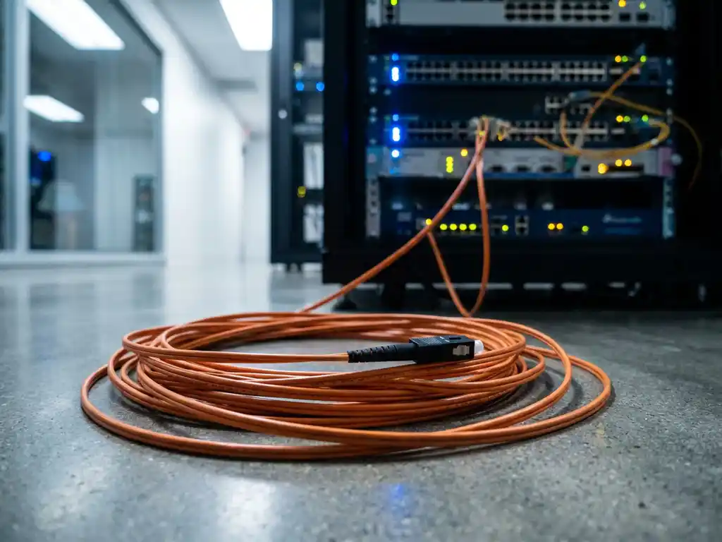 Loshangende glasvezelkabel op de vloer van een serverruimte, met een onscherp knipperend netwerkkast op de achtergrond.