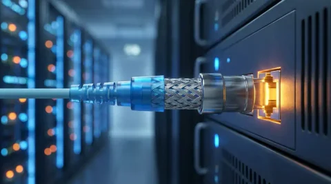 Glasvezelkabel rechtstreeks aangesloten op serverrackpoort in datacentergang, blauwe en amberkleurige verlichting, close-up.