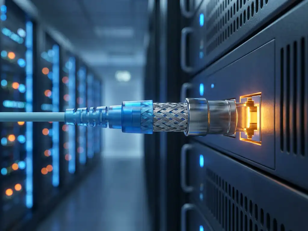 Glasvezelkabel rechtstreeks aangesloten op serverrackpoort in datacentergang, blauwe en amberkleurige verlichting, close-up.