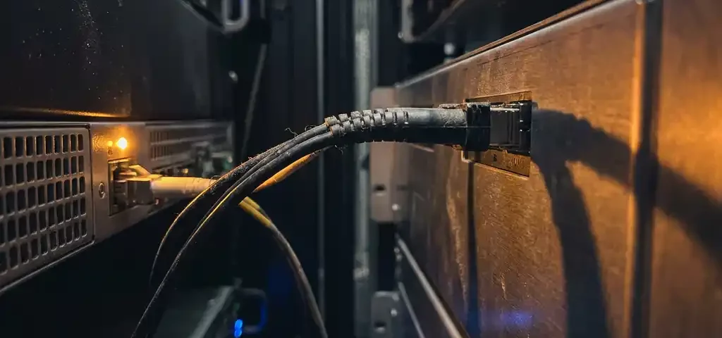 Gespannen glasvezelkabel verbonden met een industrieel serverrek in een donkere datacentercorridor, verlicht door amber waarschuwingslicht.