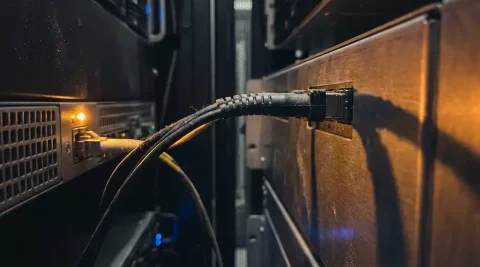 Gespannen glasvezelkabel verbonden met een industrieel serverrek in een donkere datacentercorridor, verlicht door amber waarschuwingslicht.