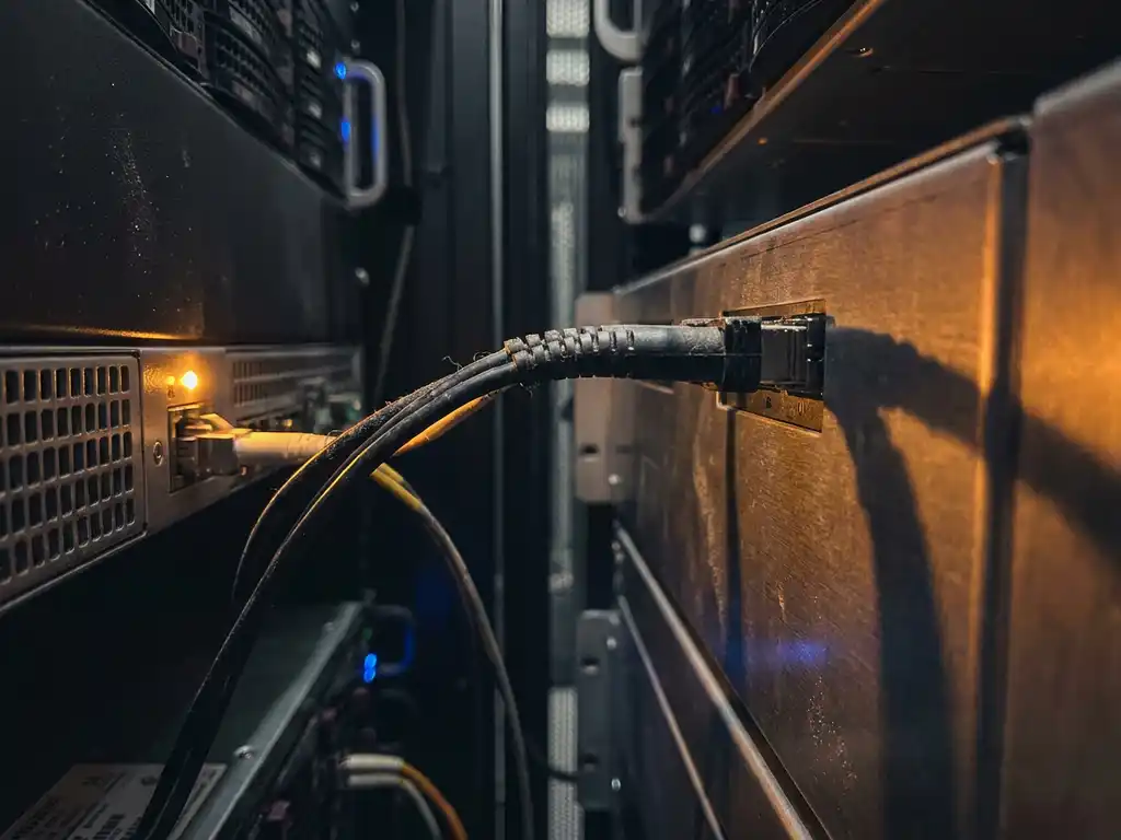 Gespannen glasvezelkabel verbonden met een industrieel serverrek in een donkere datacentercorridor, verlicht door amber waarschuwingslicht.