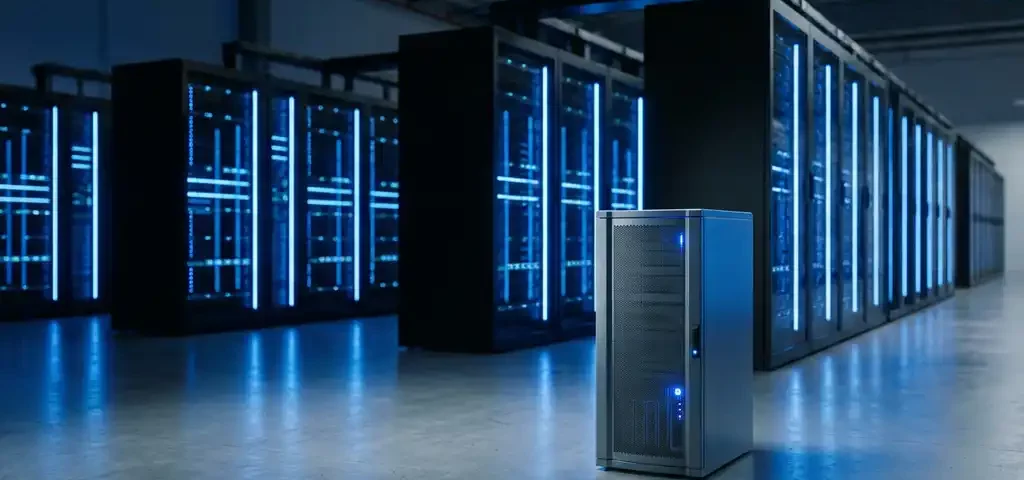Hyperscale datacenterhal met rijen zwarte serverracks verlicht door blauwe LED-strips, klein enterprise-serverrack op voorgrond voor schaalcontrast.