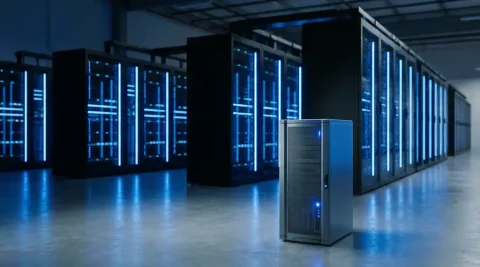 Hyperscale datacenterhal met rijen zwarte serverracks verlicht door blauwe LED-strips, klein enterprise-serverrack op voorgrond voor schaalcontrast.