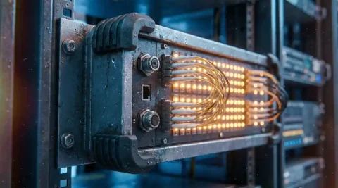 Industriële edge computing unit op stalen rack in serverruimte, met glasvezelkabels en oranje indicatielampjes op patchpaneel.