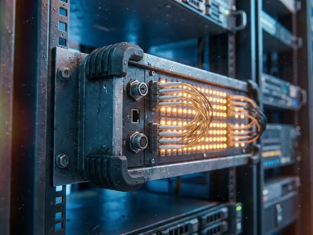 Industriële edge computing unit op stalen rack in serverruimte, met glasvezelkabels en oranje indicatielampjes op patchpaneel.
