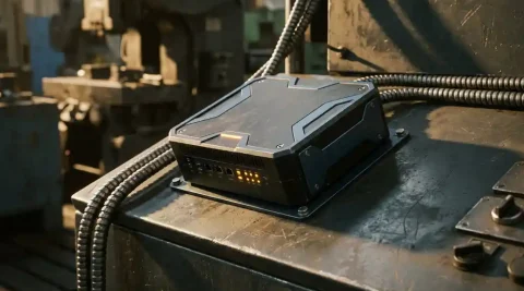 Industriële edge computing unit gemonteerd op een fabriekspaneel, omgeven door zware machines en stalen kabelgoten.