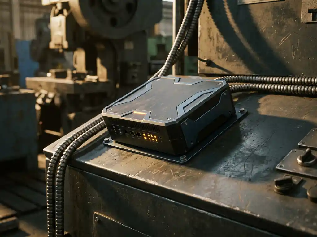 Industriële edge computing unit gemonteerd op een fabriekspaneel, omgeven door zware machines en stalen kabelgoten.