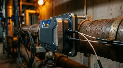 Industriële IoT-sensor op metalen pijp met fiber optic kabels, verlicht door warm amber noodverlichting in een donkere faciliteit.