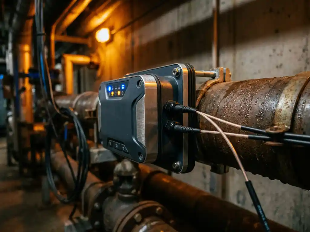 Industriële IoT-sensor op metalen pijp met fiber optic kabels, verlicht door warm amber noodverlichting in een donkere faciliteit.