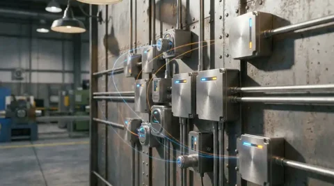 Industriële IoT-sensoren en slimme apparaten op stalen fabriekswall, verbonden via draadloze signalen in staalblauwe en amberkleurige tinten.