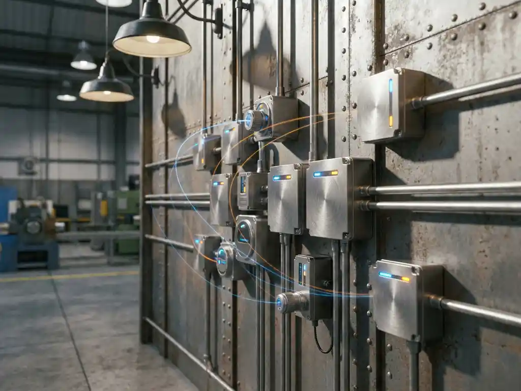 Industriële IoT-sensoren en slimme apparaten op stalen fabriekswall, verbonden via draadloze signalen in staalblauwe en amberkleurige tinten.