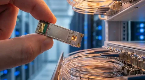 Instelbare optische transceiver module boven een fiber optic patchpanel, met goudkleurige contacten en glasvezelkabels op de achtergrond.