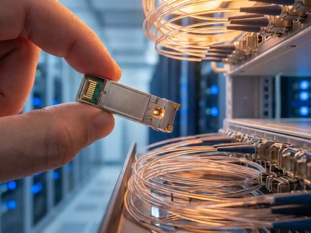 Instelbare optische transceiver module boven een fiber optic patchpanel, met goudkleurige contacten en glasvezelkabels op de achtergrond.