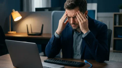 Gefrustreerde professional aan modern bureau met bevroren laptop, loshangende ethernetkabel en uitgeschakelde router op de achtergrond.