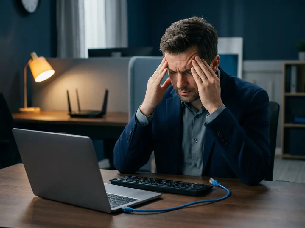 Gefrustreerde professional aan modern bureau met bevroren laptop, loshangende ethernetkabel en uitgeschakelde router op de achtergrond.
