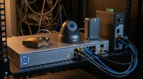 IoT-apparaten zoals beveiligingscamera en industriële gateway verbonden via ethernetkabels met netwerkswitch, hangslot bovenop als symbool van cyberbeveiliging.