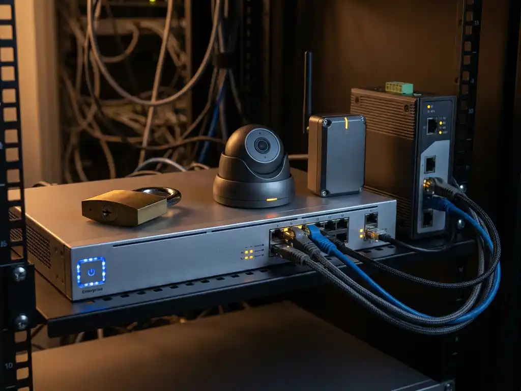 IoT-apparaten zoals beveiligingscamera en industriële gateway verbonden via ethernetkabels met netwerkswitch, hangslot bovenop als symbool van cyberbeveiliging.