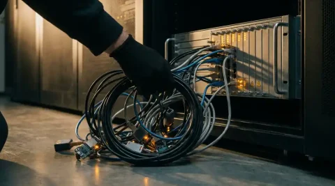 Technicus die een losse ethernetkabel aansluit op een router met oranje waarschuwingslampjes, omgeven door IoT-sensoren en netwerkkabels.