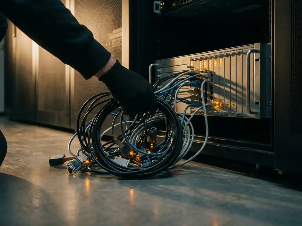 Technicus die een losse ethernetkabel aansluit op een router met oranje waarschuwingslampjes, omgeven door IoT-sensoren en netwerkkabels.
