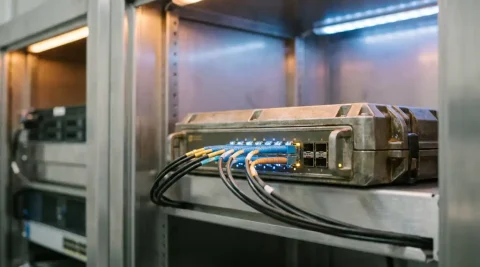 Gerugged industriële netwerkswitch met glasvezelkabels in verlichte poorten, gemonteerd in een serverrack.