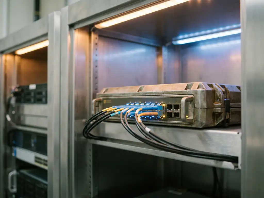 Gerugged industriële netwerkswitch met glasvezelkabels in verlichte poorten, gemonteerd in een serverrack.