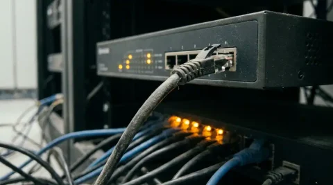 Losse stoftige ethernetkabel hangend aan de achterkant van een enterprise-netwerkrouter, amber waarschuwingslichten in serverruimte.