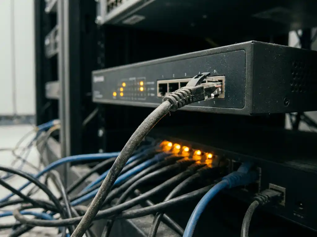 Losse stoftige ethernetkabel hangend aan de achterkant van een enterprise-netwerkrouter, amber waarschuwingslichten in serverruimte.