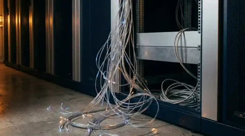 Losse glasvezelkabels met gloeiende uiteinden op betonnen vloer naast serverrack in modern datacenter.