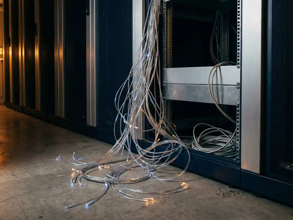Losse glasvezelkabels met gloeiende uiteinden op betonnen vloer naast serverrack in modern datacenter.