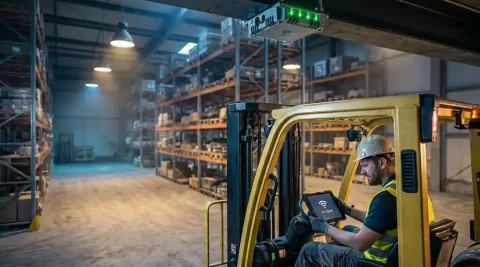 Vorkheftruckchauffeur in industrieel magazijn met wifi-accesspoint op stalen dakbalk, groene indicatielampjes, betonvloer en metalen stellingen.