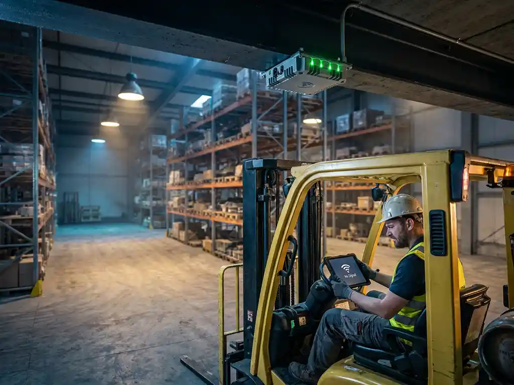 Vorkheftruckchauffeur in industrieel magazijn met wifi-accesspoint op stalen dakbalk, groene indicatielampjes, betonvloer en metalen stellingen.