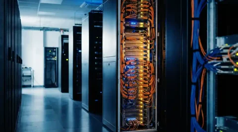 Rij zwarte serverkasten in een modern datacenter met oranje en blauwe glasvezelkabels en koelblauw omgevingslicht.