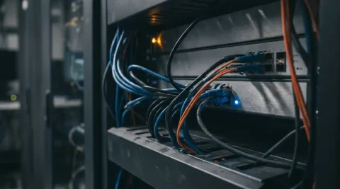 Wirwar van ethernet- en glasvezelkabels op een donkere serverrack met één gloeiend oranje waarschuwingslampje.