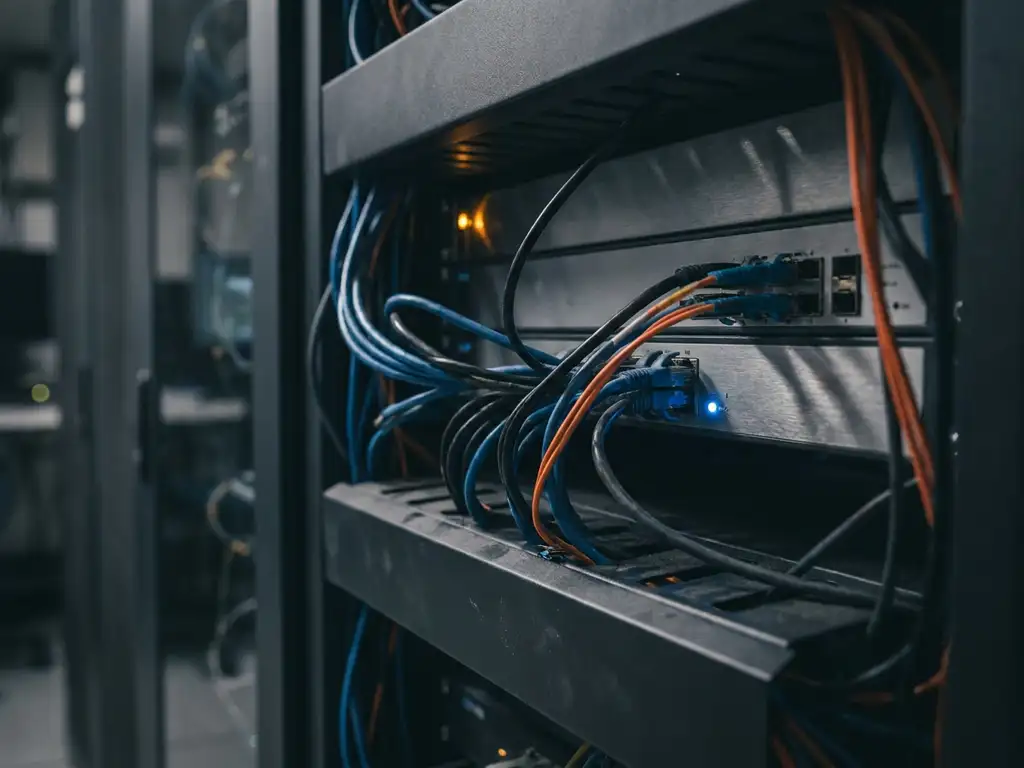 Wirwar van ethernet- en glasvezelkabels op een donkere serverrack met één gloeiend oranje waarschuwingslampje.