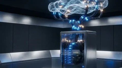 Glasvezelkabels vertakken zich vanuit een serverrack naar lichtgevende wolkformaties in een netwerkoperatiecentrum met elektrisch blauwe tinten.